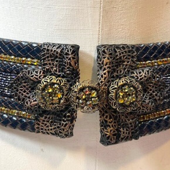 Barrera Beaded Rhinestones Wide Braided Leather BOHO Waist Belt Navy 30\